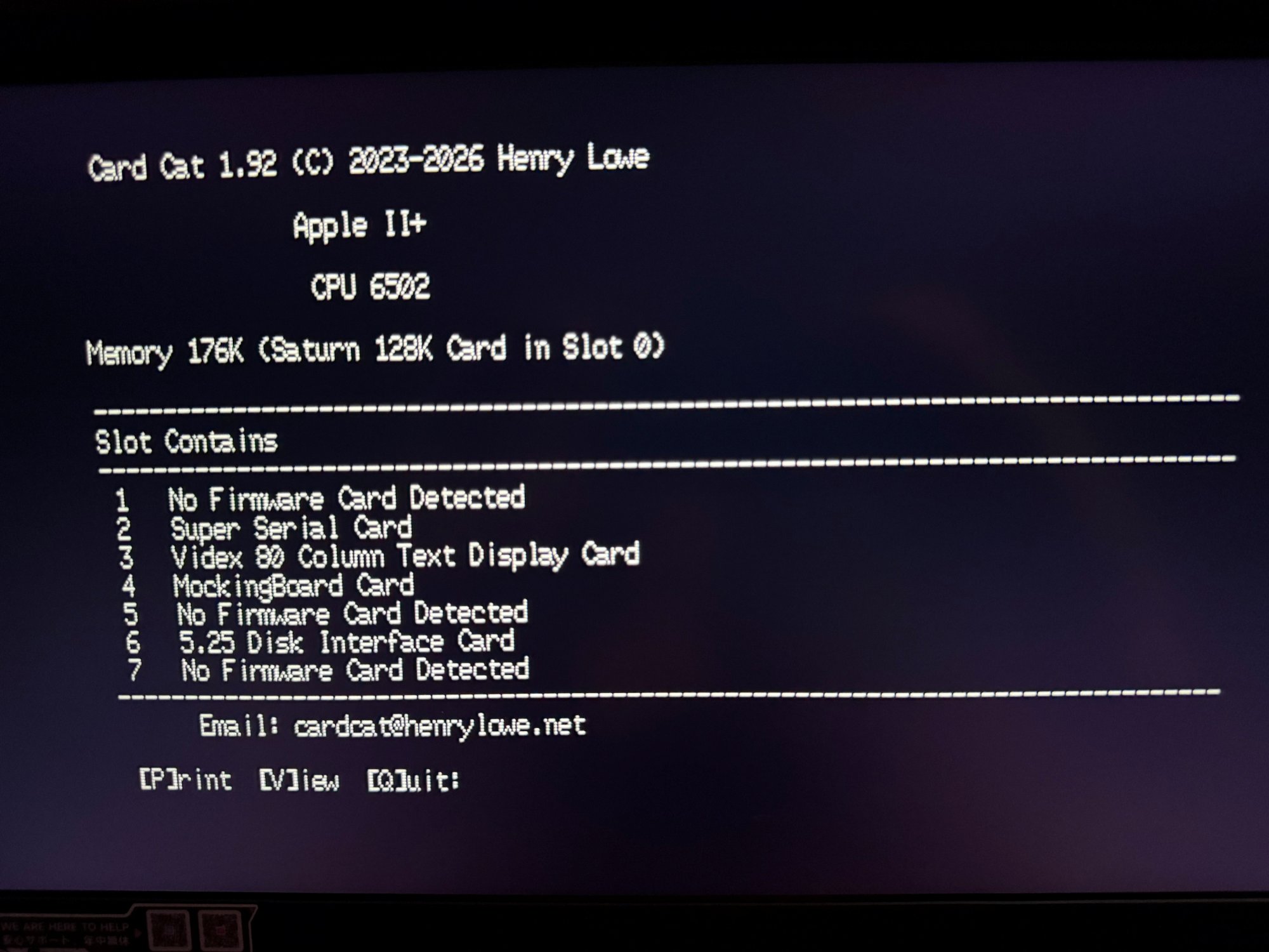 CardCat identifying the Videx VideoTerm in slot 3, alongside SSC, Mockingboard, and Disk II