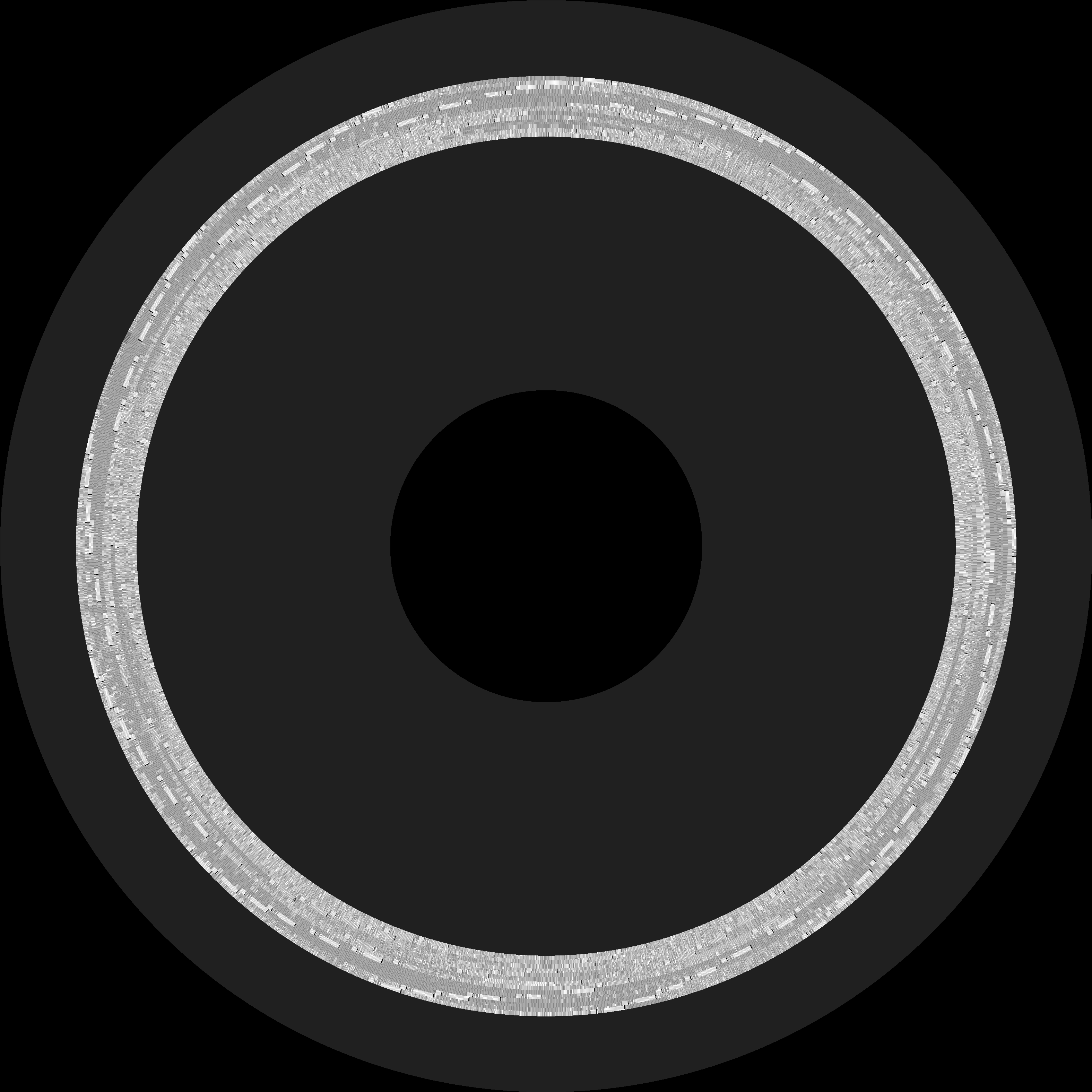 Top-down visualization of the Apple Panic disk surface rendered from the WOZ image. Fourteen bright data tracks cluster near the outer edge; the remaining twenty-one tracks are dark and unused. The entire game fits in the outermost ring of the disk.