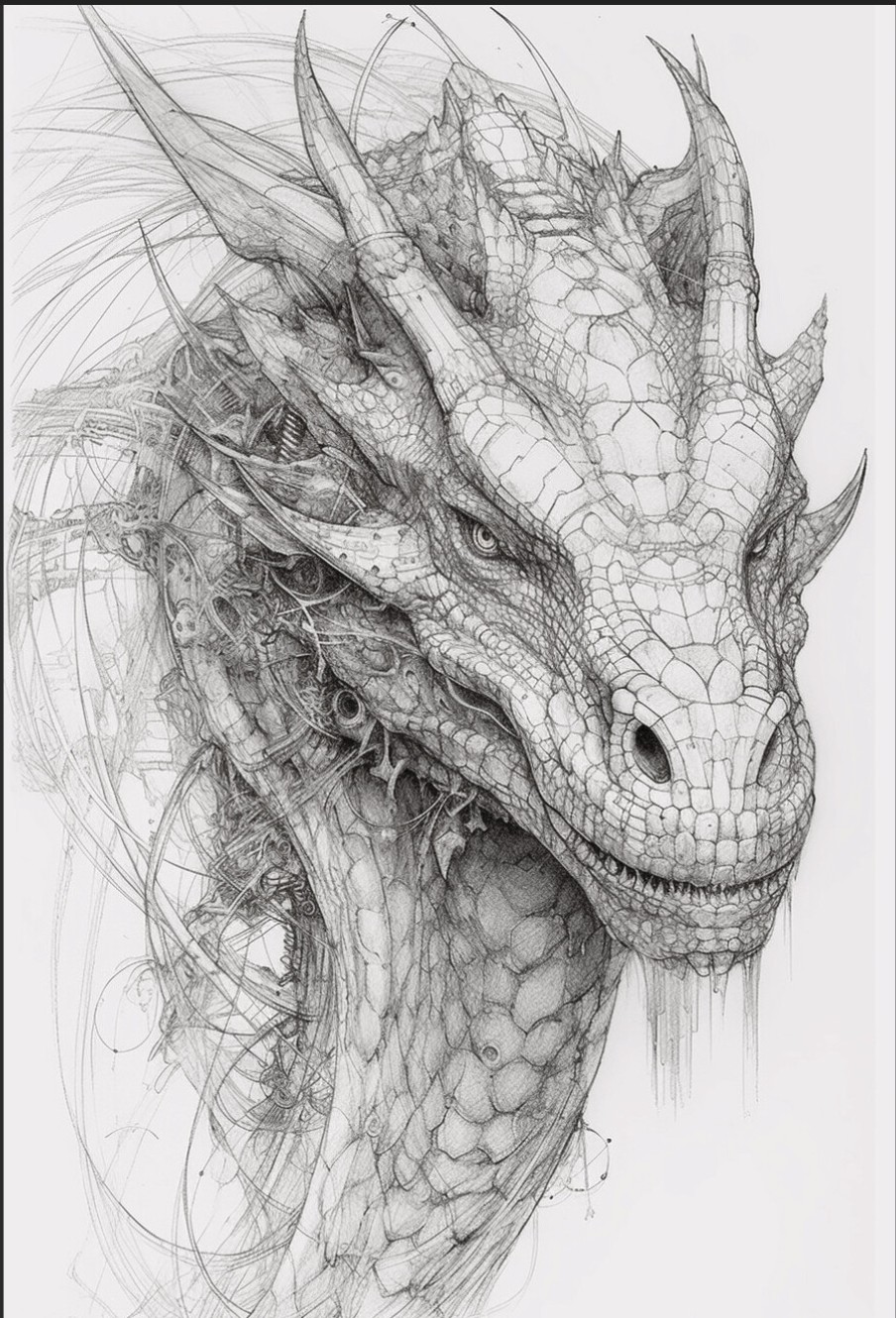 The reference dragon — a detailed pencil sketch of a dragon's head with intricate scales and cross-hatching