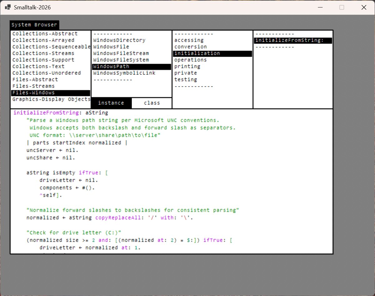 System Browser in the Smalltalk-80 BitBlt branch — dark theme, 32bpp, WindowsPath>>initializeFromString: selected