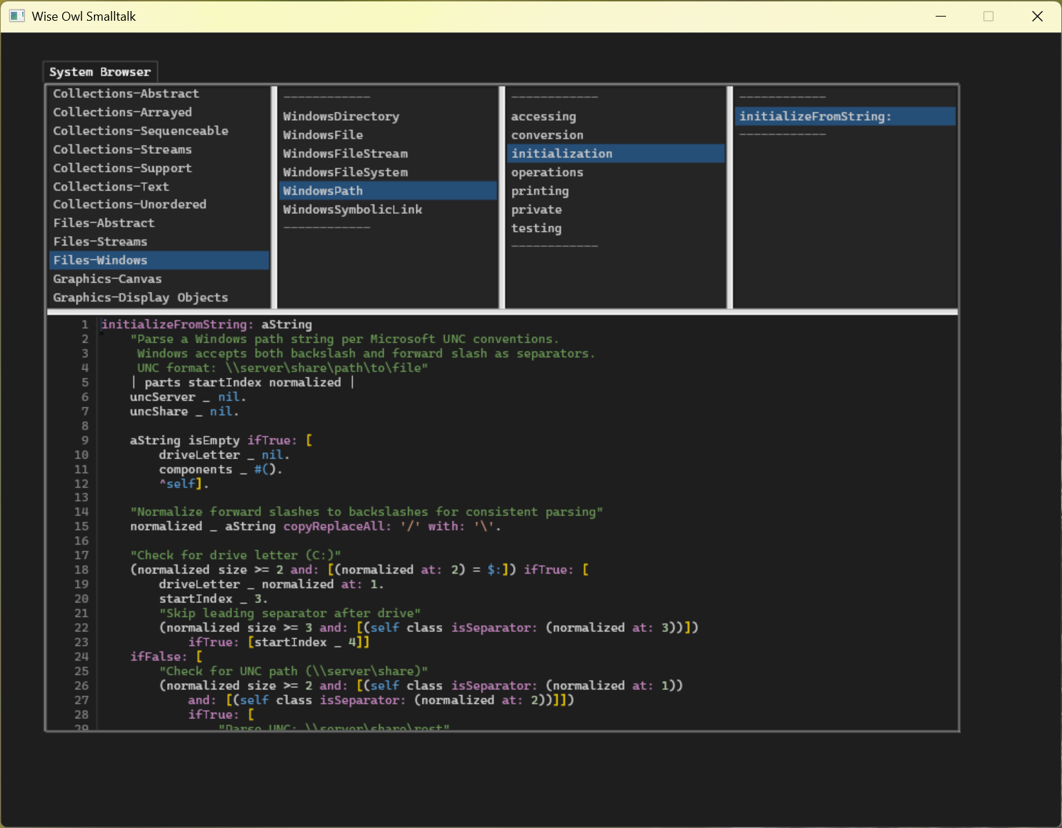 Wise Owl Smalltalk — same session, dark theme, VSCode Dark+ color scheme