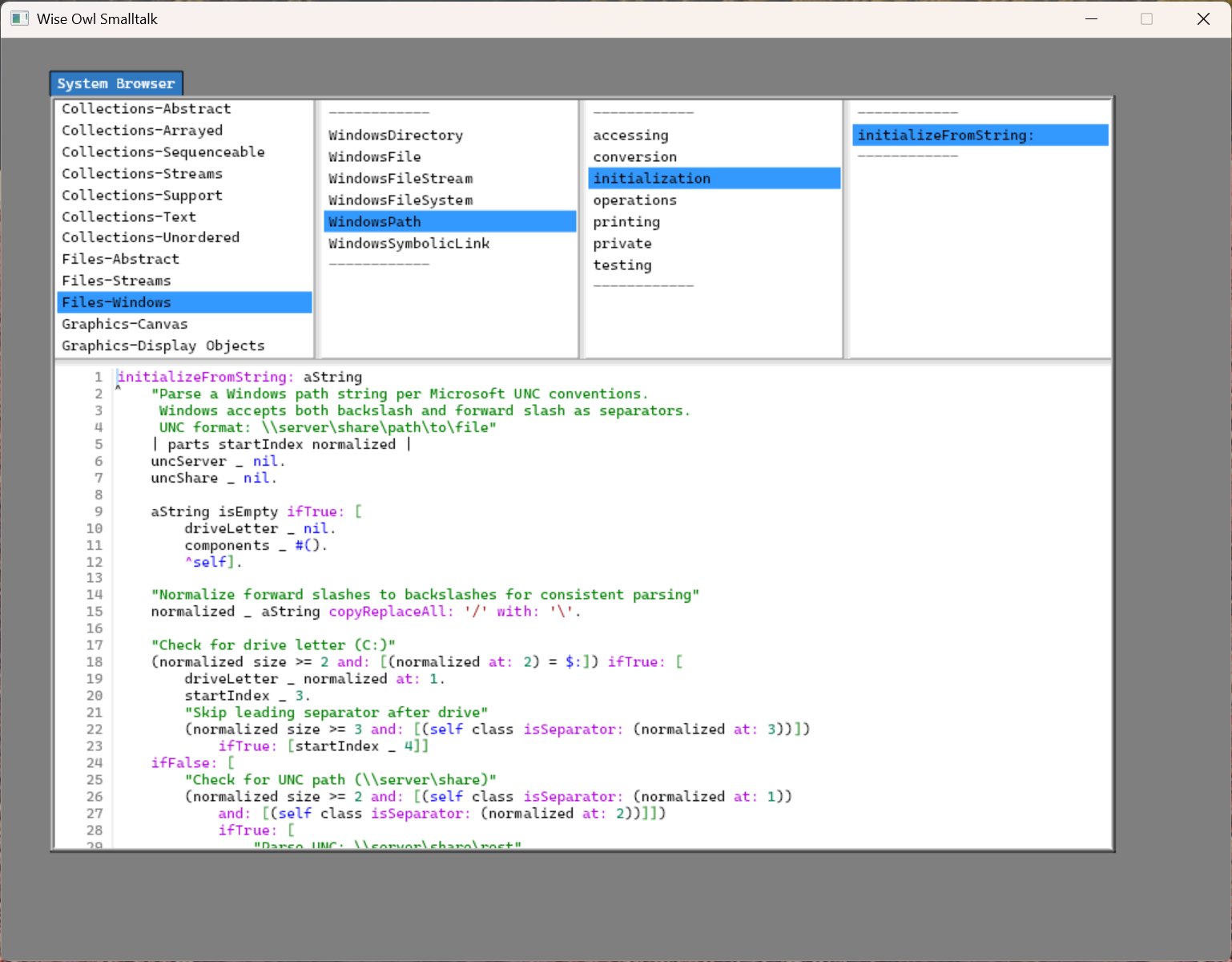 Wise Owl Smalltalk — Canvas-rendered System Browser, light theme, line numbers, WindowsPath>>initializeFromString: selected